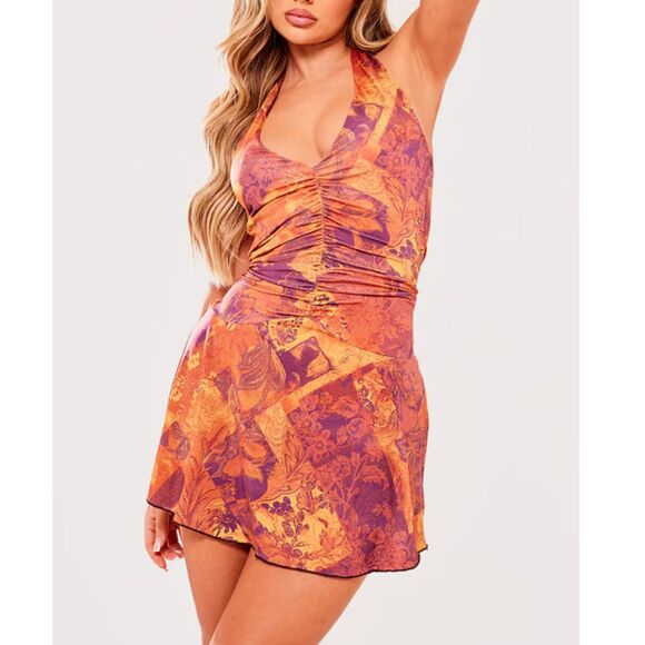 NWT PrettyLittleThing Brown Print Slinky Halter Neck Mini Dress - Picture 1 of 5
